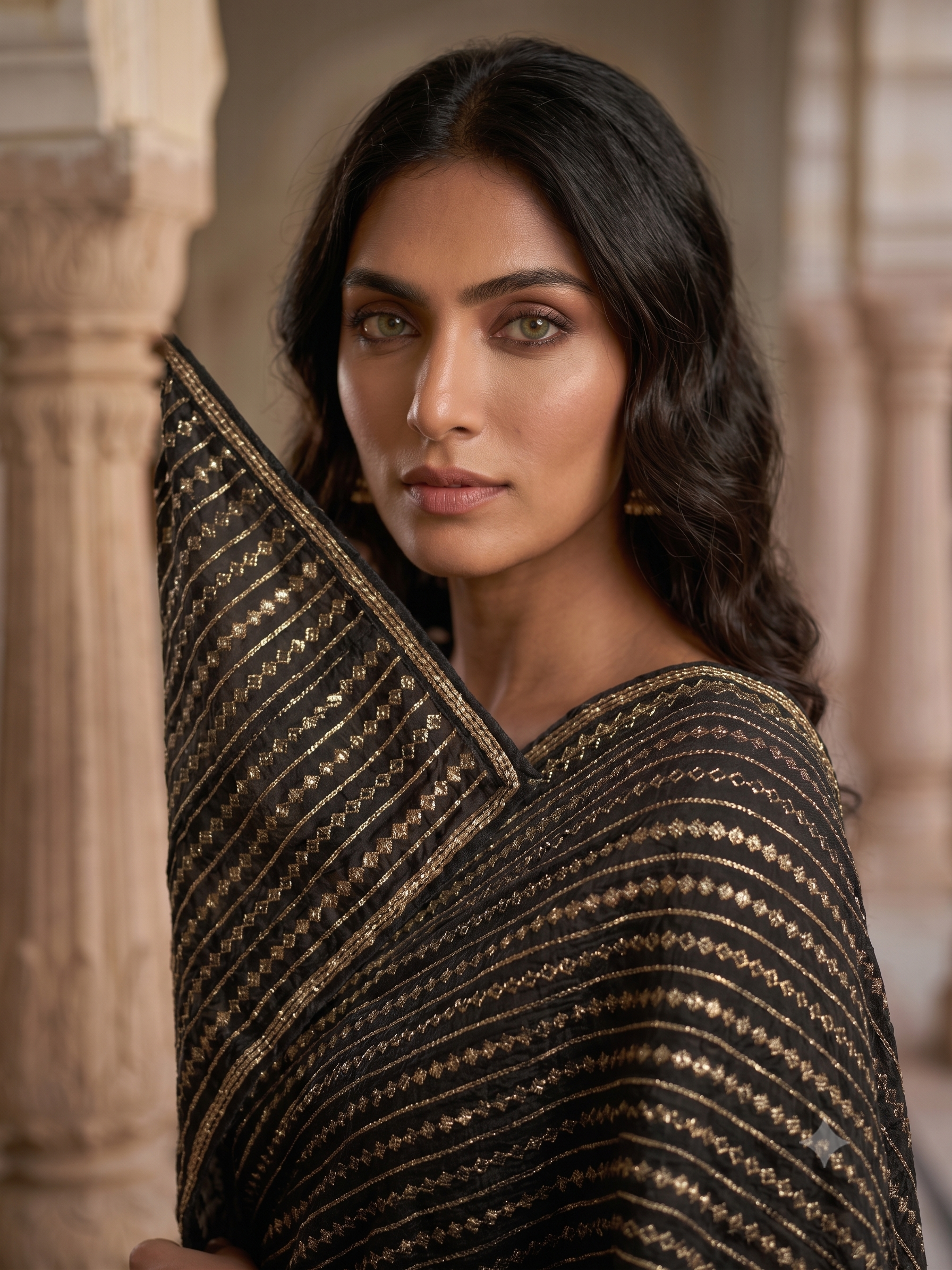 Opulent Black & Gold Woven Zari Stripe Saree