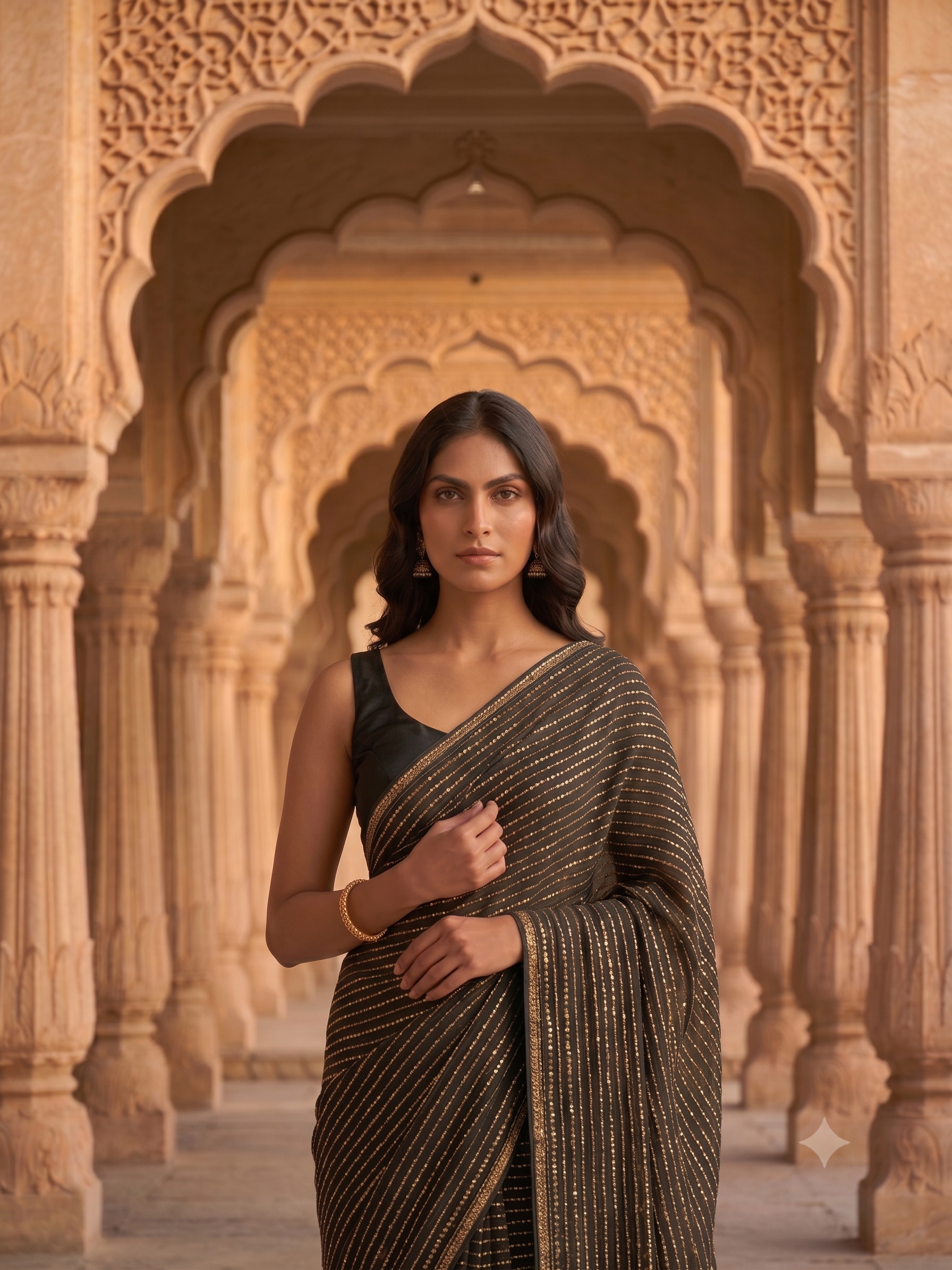 Opulent Black & Gold Woven Zari Stripe Saree