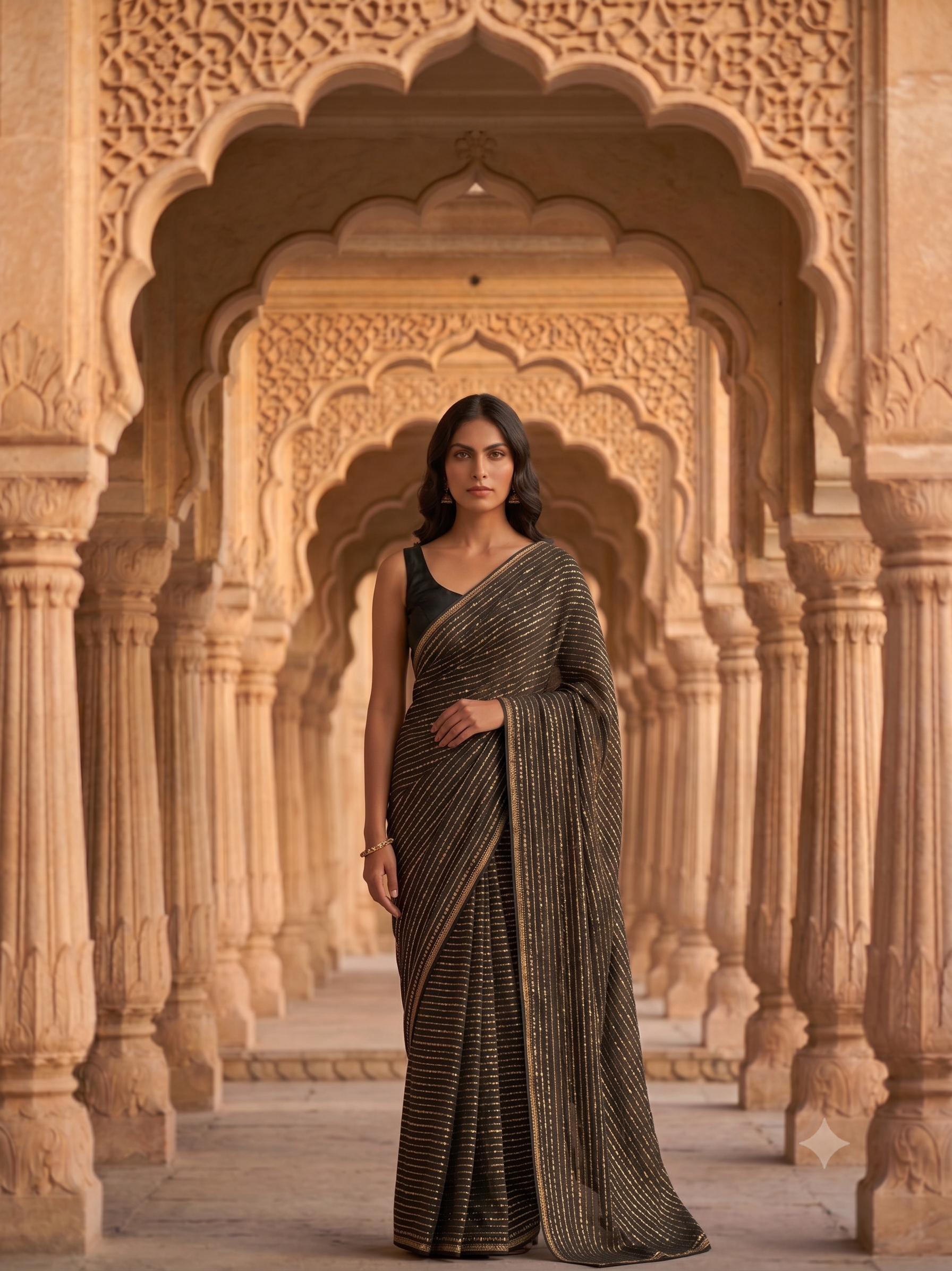 Opulent Black & Gold Woven Zari Stripe Saree