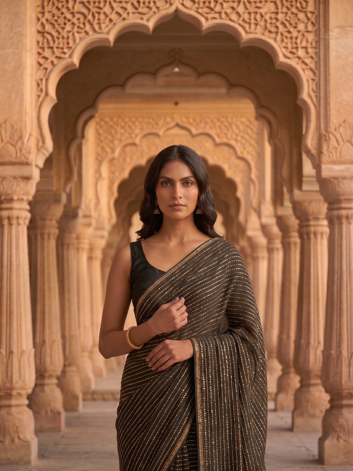 Opulent Black & Gold Woven Zari Stripe Saree
